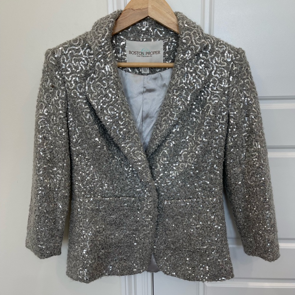 Boston Proper Silver Sequin Holiday Party Blazer Jacket Coat Fancy Wedding, sz 0
